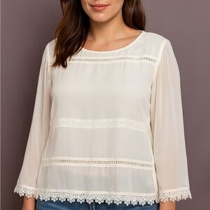 MNG by Mango Sheer Lace-Trim Ivory Blouse (1078)